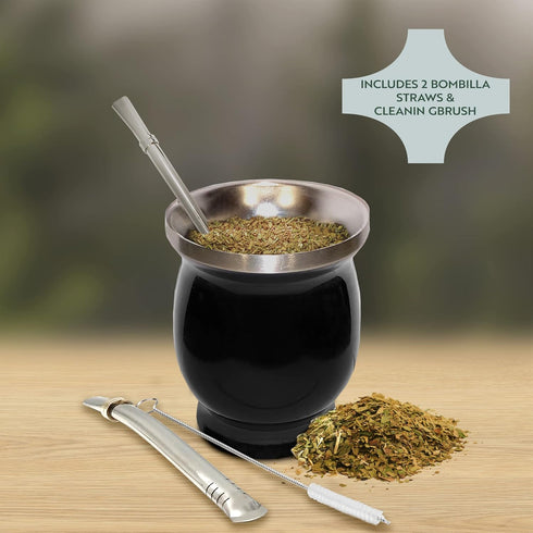 Norte Yerba Mate Cup Kit, 8-Ounces Traditional Mate Tea Cup/Gourd Set, Includes 2 Bombillas (Yerba Mate Straw) &