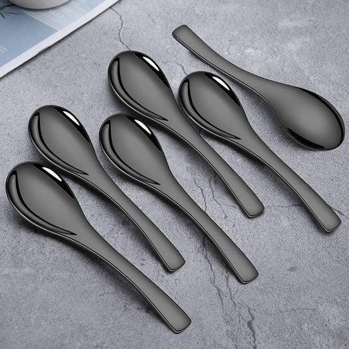 4 Pieces Stainless Steel Asian Soup Spoons, 6.3 Inch Mirror Polished Black Ramen Spoons