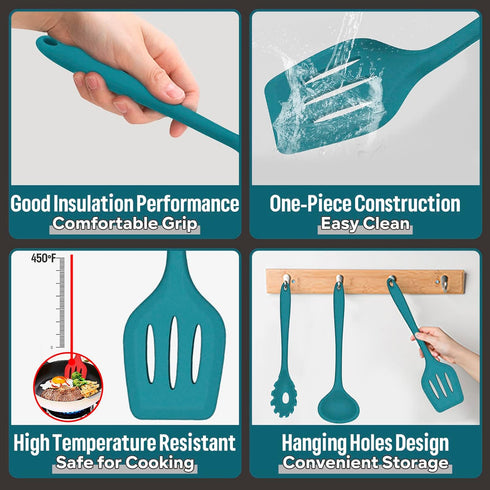 E-far 7-Piece Silicone Cooking Utensils Set - Blue Heat Resistant Nonstick Tools for Cookware