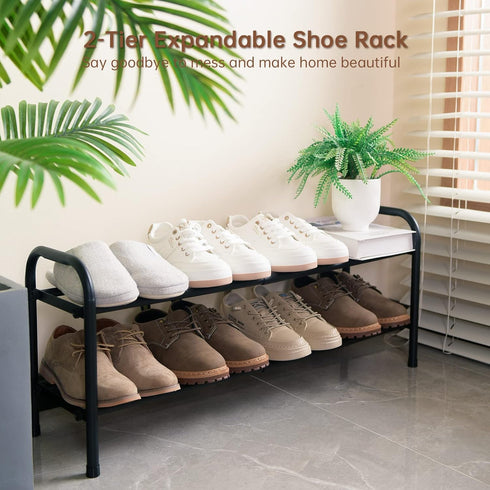 Gonfoam 2-Tier Expandable Shoe Rack, Heavy Duty Metal Free Standing Organizer for Entryway Closet (Black)