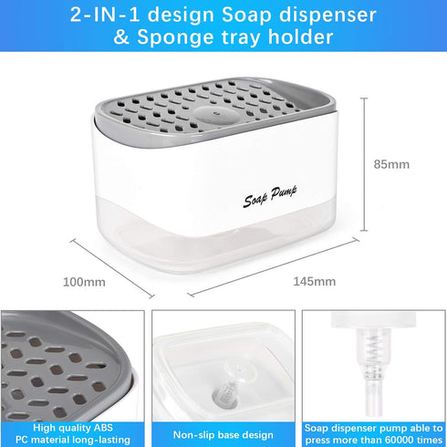 Kitchen Dish Soap Dispenser with Sponge Holder, 2-in-1 Pump for Dishwashing Soap - 12.5 Ounces