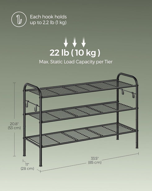 3-Tier 4 16 Closet, ULMR138B01 SONGMICS Shoe Rack, Shoe Organizer, Metal Shoe Shelf Storage with Side Hooks, Holds
