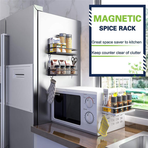 Magnetic Spice Rack, 2 Pack White Strong Magnetic Shelf with 4 Removable Hooks, Perfect Space Saver for Small Kitchen