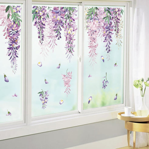 wondever Summer Purple Flower Window Clings Hanging Vine Wisteria Floral Leaf Glass Sticker Decal Anti Collision Double-Side Static Window Decals for Home Glass Window by wondever