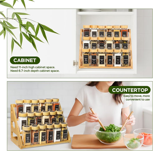 FIKWO 3 18 780 Set Countertop, 4 oz Tier Bamboo Spice Rack Organizer with Spice Jars, Labels, Wood Shelf, Chalk Marker
