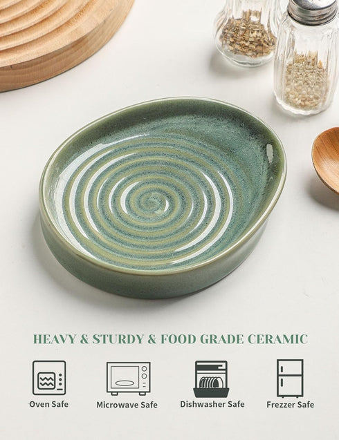 Ceramic Spoon Rest for Stove Top, Kitchen Counter Holder for Spoons, Ladles, Spatula, Glazed Green.