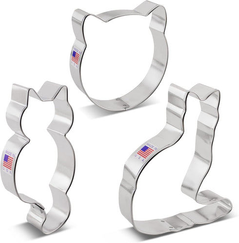 Ann Clark Cat Cookie Cutters 3-Pc. Set Made in USA - Cat Face, Sitting Cat, Curled Cat