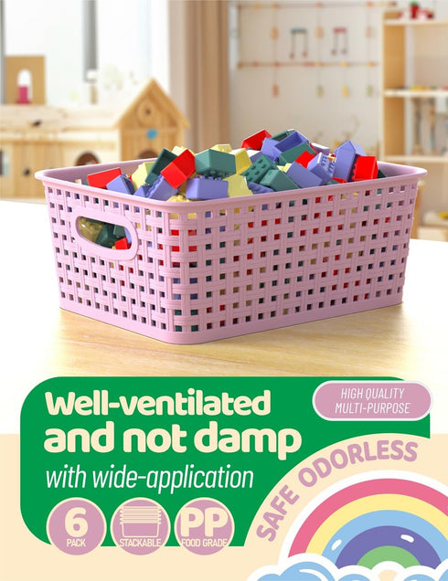 WYT 6-Pack Plastic Small Shelf Storage Weave Baskets for Organizing Cabinets and Pantries, Lavender Purple