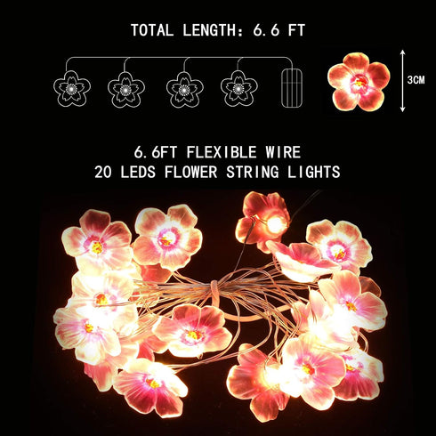 6.6 20 Mudder ft LEDs Flower String Lights Fairy Cherry Blossom String Lights Wire Battery Powered for Valentine