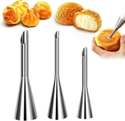Suuker 3 Pieces Stainless Steel Cream Piping Tips - Long Nozzle Decor for Pastry Icing and Decorating