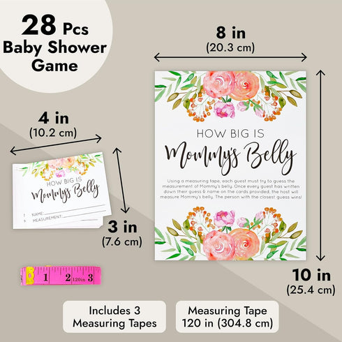 Sparkle and Bash Baby Shower Measuring Game, Pink 28-Piece Set with Guess Cards, Tapes & Sign for Moms