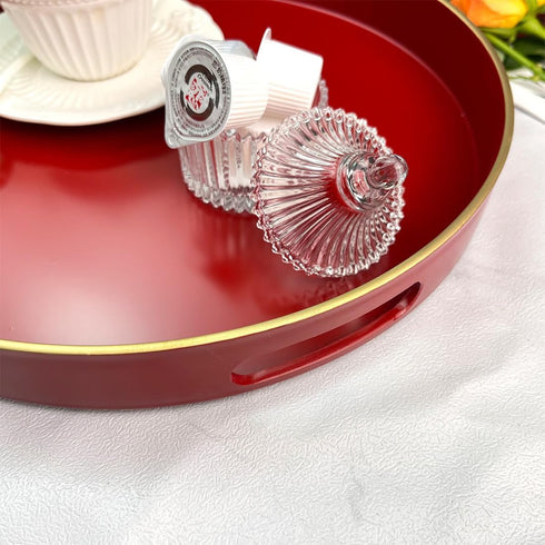 13 Inch Red Decorative Tray, Serving Tray with Handles, Round Decorative Tray for Coffee Table, Plastic Tray
