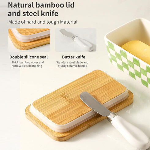 Countertop, Butter Dish with Lid, Large Butter Dish for Ceramic Butter Keeper Container with Knife and Silicone Sealing