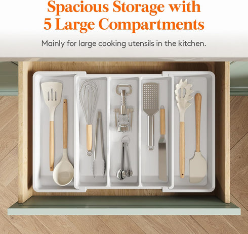 Lifewit Expandable Utensil Organizer for Kitchen Drawers, Adjustable Cutlery Flatware Holder, Large White Storage