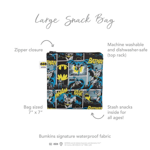 Bumkins DC Comics Batman Reusable Sandwich and Snack Bags, Washable Fabric, Waterproof Cloth Zip Bag, Large