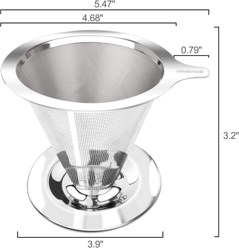 Pour Over Coffee Dripper, Reusable Paperless Coffee Filter for Single Cup Brew, Stainless Steel Cone Filter