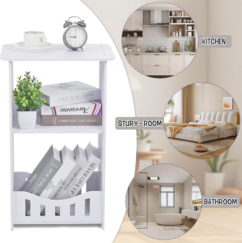 Wensdr 3 Tier Side Table Night Stand, Narrow End Table with Storage Shelf, Extended Desktop & Solid Structure, Small