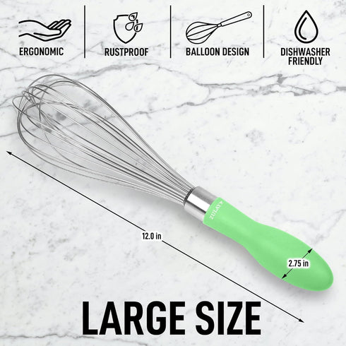 Zulay Kitchen 12 Inch Stainless Steel Balloon Whisk, Heavy Duty Wire Whisk with Non-Slip Silicone Handle for Blending