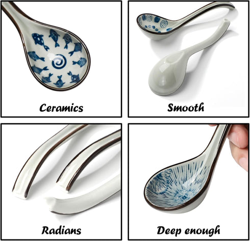 Ceramic Soup Spoons Set of 6, Long Handle Japanese Ramen Spoon for Dumpling, Noodles, Miso, Chinese Wonton