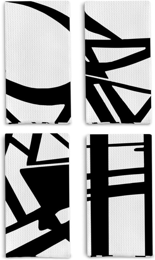 Abstract Black and White Kitchen Dish Towels Set of 4 - Mid