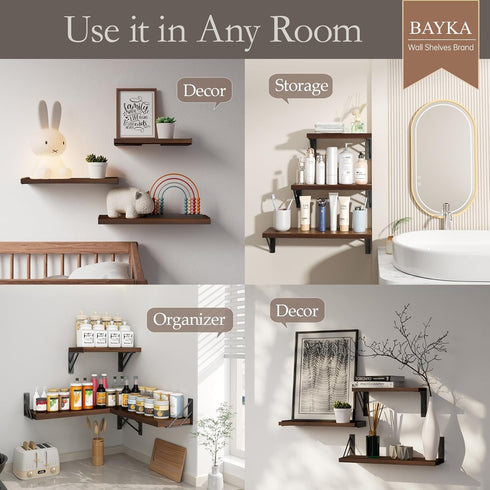Brown,Set 3) BAYKA Floating Shelves for Wall, Book Shelf for Bedroom, Wall Decor Shelves for Living Room Kitchen, Wood