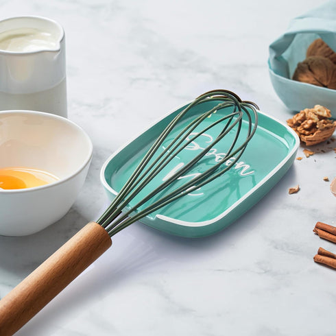 Turquoise Spoon Rest for Stove Top, DAYYET Teal Ceramic Large Holder, Heat-Resistant Cooking Utensil Rest for Kitchen