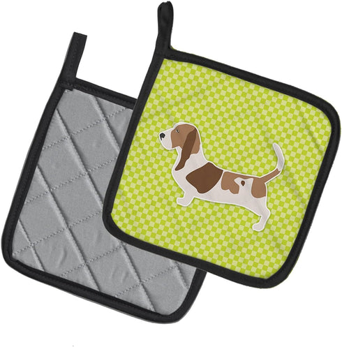 Caroline's Treasures BB3802PTHD Basset Hound Checkerboard Green Pair of Pot Holders, 7 1/2 x 7 1/2