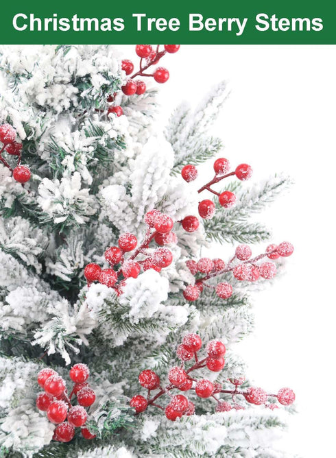 Feitore 30 Pack 8.9" Snow Frosted Red Berry Stems Holly Frosted Berry Picks Snowy Artificial Red Berries for Christmas