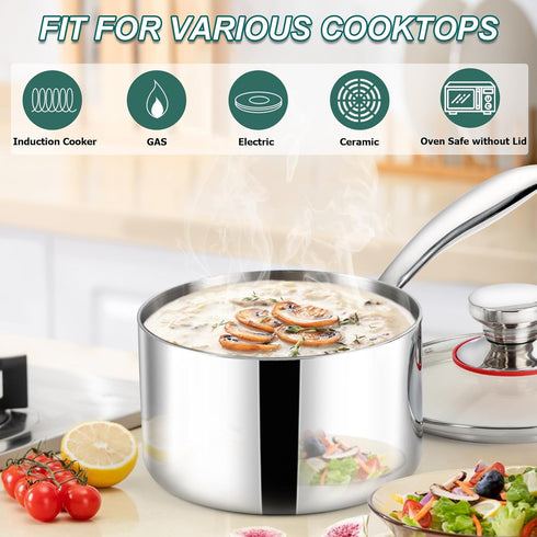 TeamFar 3qt Saucepan with Lid, Stainless Steel Tri-ply Small Cooking Pot, Ergonomic Handle for Induction/Gas/Electric