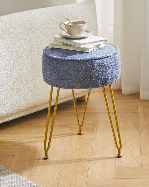 WBD009BU IBUYKE Teddy Velvet Round Footrest Stool Ottoman, Makeup Vanity Stool Side Table, Velvet Dressing Table Seat