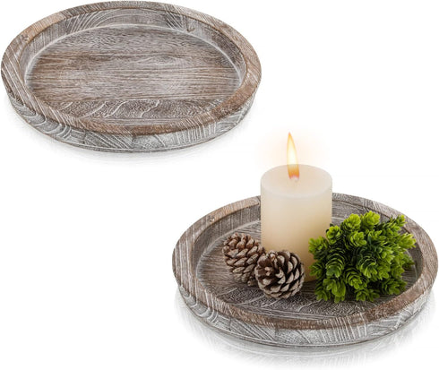 Hanobe Rustic Wooden Serving Tray Set of 2 Round Wood Butler Decorative