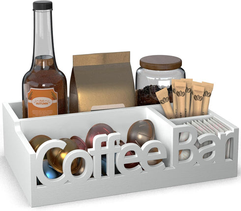 Coffee Bar Organizer for Countertop Wooden Coffee Station Caddy with Compartments for