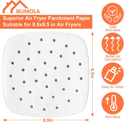 Numola 100 Pcs Air Fryer Liners, Disposable Parchment Paper, 8 Inch Perforated Sheets for Baking