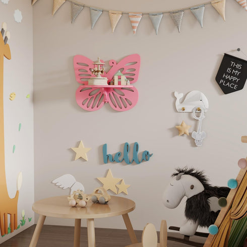 Pink Butterfly Shaped Floating Shelf for Girls Room, Cute Wall Display Rack for Nursery Decor, Small Decorative Shelf