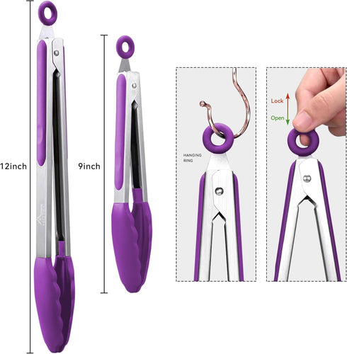 HOTEC Premium Stainless Steel Locking Kitchen Tongs, Set of 2 (9" and 12"), Silicone Tips, Purple
