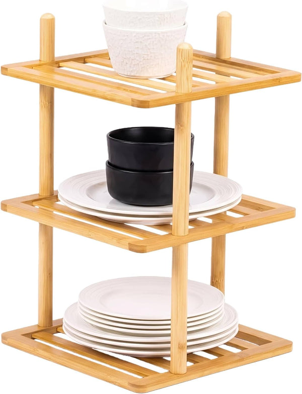 3-Tier Cabinet Organizer Shelf - Bamboo Corner Rack for Kitchen Counter, Cabinet