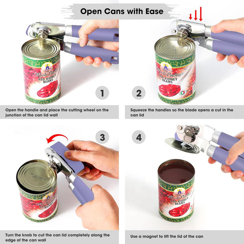 Manual Can Opener with Magnet, Handheld Can Opener with Sharp Blade and Effort-Saving Knob, Purple Color