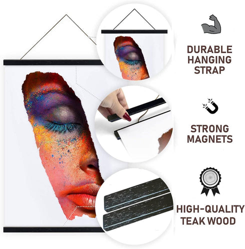 16" Sturdy Magnetic Poster Hanger Frame, Wooden Poster Frame 16x20 16x22 16x24, Solid Teak Wood, Black