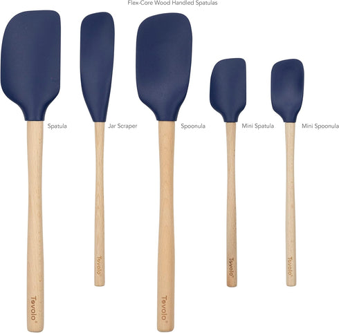 Flex-Core Spatula Wood Handled High Heat Resistant 5 Piece Cooking Utensils Set - Includes Non-Stick Spatula, Spoonula, Jar Scraper, and Mini | BPA-Free Kitchen | Ergonomic Design | Deep Indigo by Tovolo