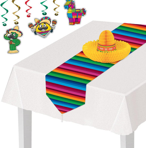 Beistle Printed Paper Serape Decoration, Mexican Theme Table Runner, 11" x 6', Gold, Blue, Green, Orange