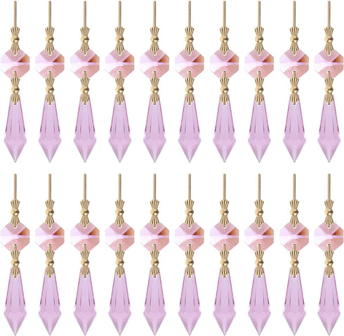 20pcs Pink Crystals Prisms Glass Tip Beads Replacement Chandelier Icicle Drop Pendants Octagon Crystal Beads Gold Pins