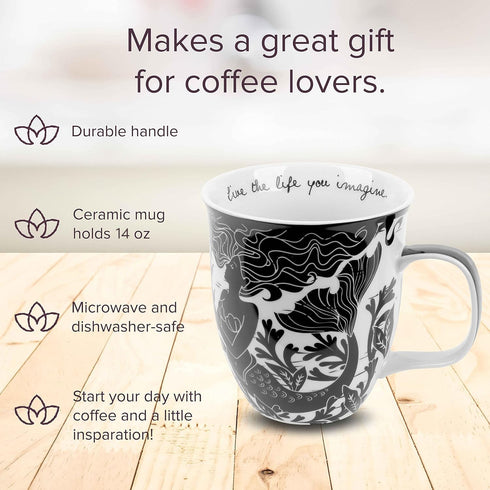 Karma Gifts 16 oz Black and White Boho Mug, Mermaid, Cute Ceramic Coffee Mug