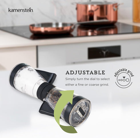 KAMENSTEIN One-Handed 2-in-1 Dual Salt and Pepper Grinder, 8-Inch, Adjustable and Refillable, Black