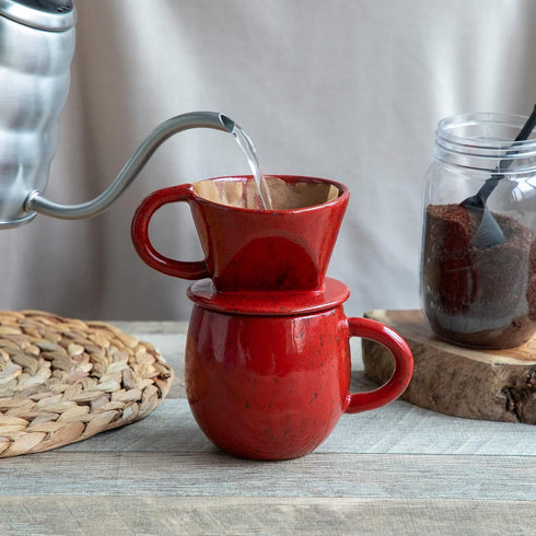 Asayu Japan Ceramic Coffee Pour Over Maker Set, Chrome Red, Slow Brewing Paper Filter Holder and Dripper