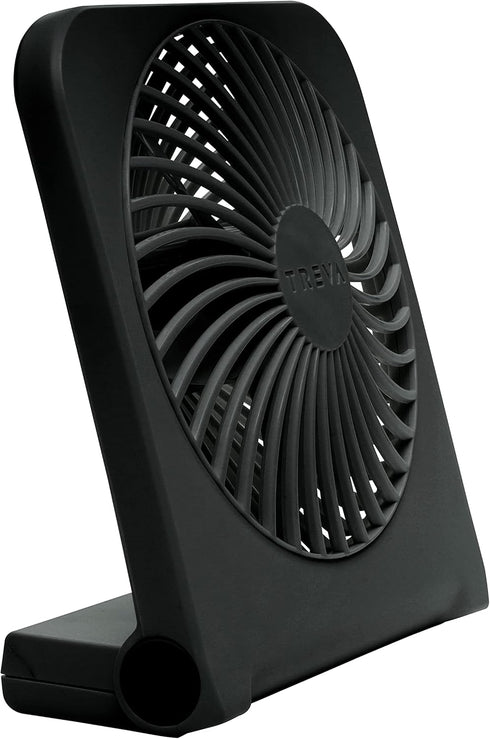 Treva 5-Inch USB & Battery Powered Desk Fan, Two Cooling Speeds, Adjustable Tilt, Durable Small Fan for Cubicle (Black)