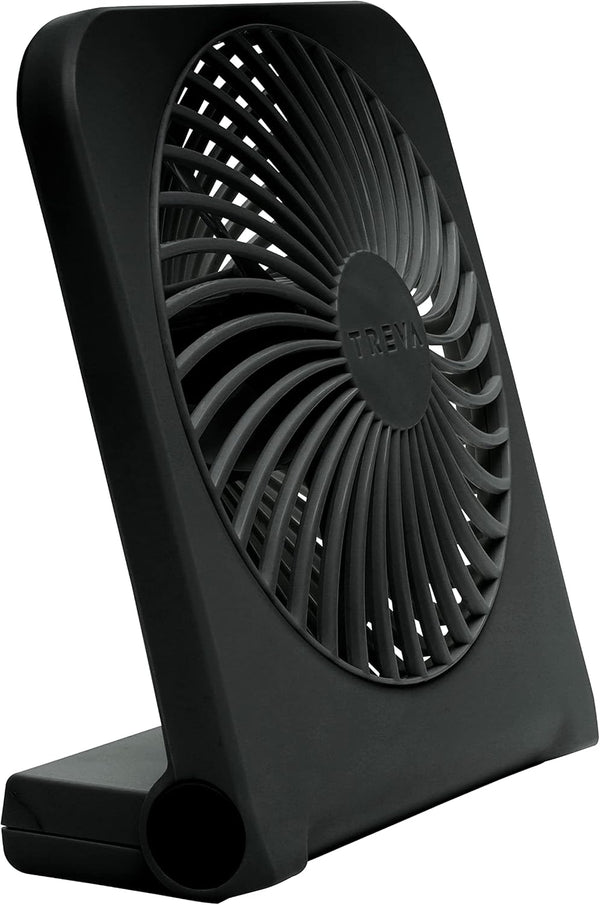 Treva 5-Inch USB & Battery Powered Desk Fan, Two Cooling Speeds, Adjustable Tilt, Durable Small Fan for Cubicle (Black)