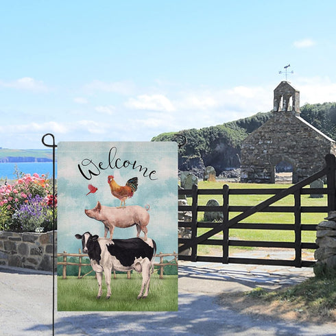 Welcome Summer Rooster Pig Cow Cardinal Garden Flag, Decorative Country Yard Outside Decoration, 12x18