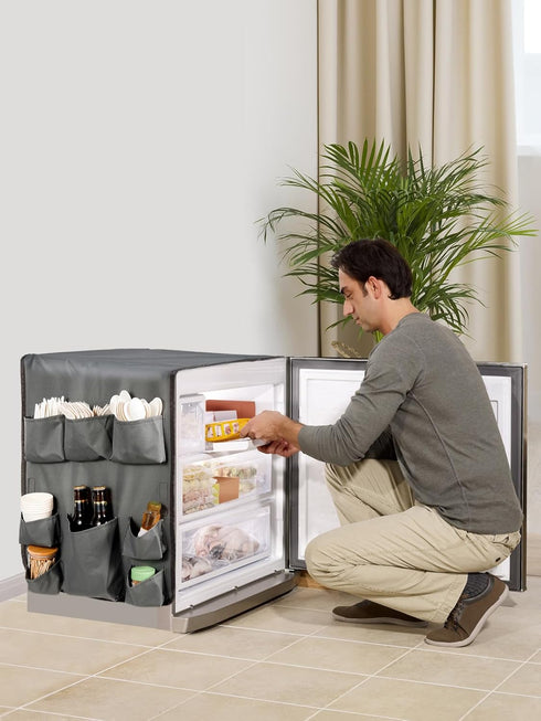 Extended Mini Fridge Caddy Organizer, 55" x 16.5" with 11 Pockets for Flatware, Drinks, Paper Goods, Gray