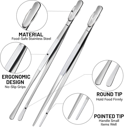 Hotec Stainless Steel Kitchen Tweezers, Professional Tongs for Cooking, Extra-Long Food Tweezers, Set of 2