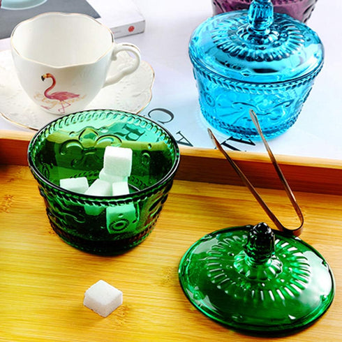 European Retro Nostalgic Three-Dimensional Relief Color Glass Jar with Lid for Candy or Seasoning